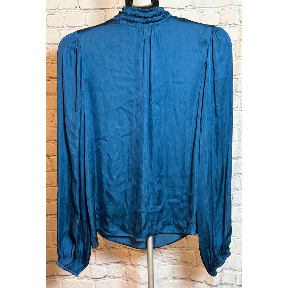 Strut & Bolt Teal Blue Satin Smocked Mock Neck Bishop Sleeve Blouse Large